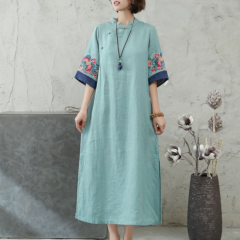 Foviel Embroidery Frog-Button Half Sleeve Women's Midi Dress
