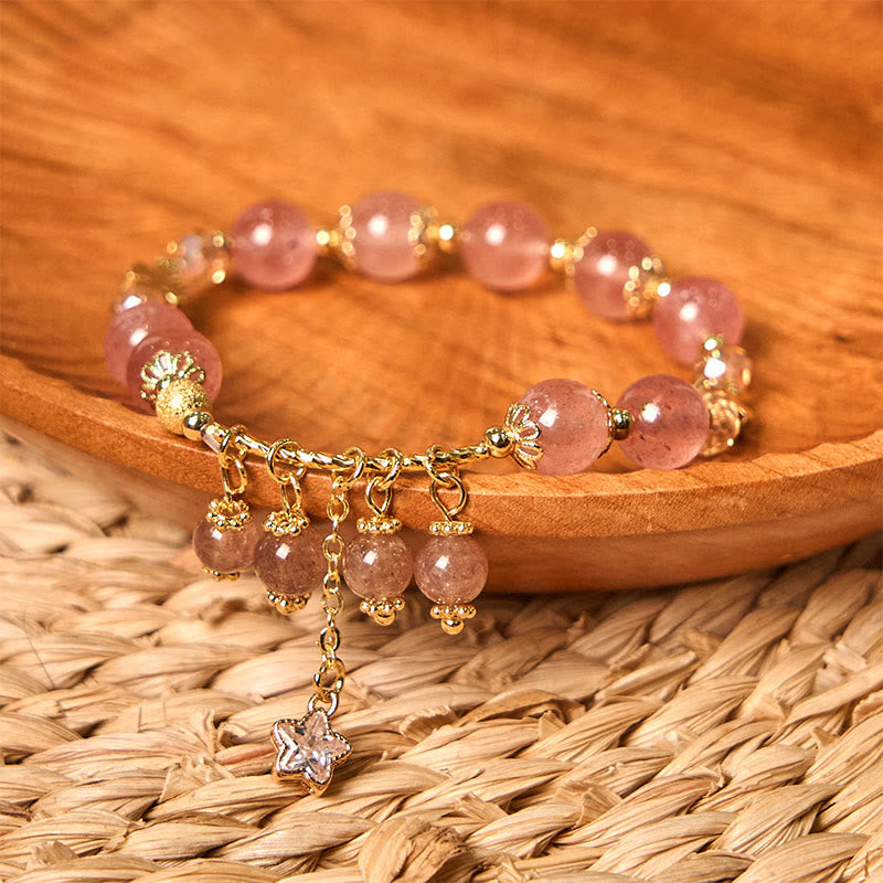 Foviel Natural Strawberry Quartz Four Leaf Clover Star Positive Bracelet