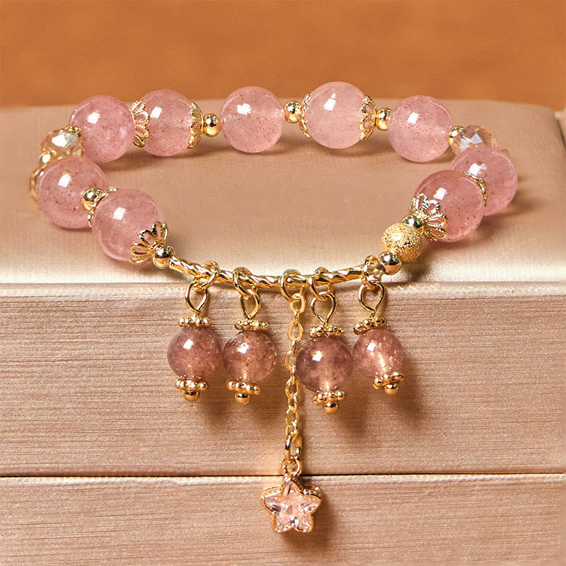 Foviel Natural Strawberry Quartz Four Leaf Clover Star Positive Bracelet