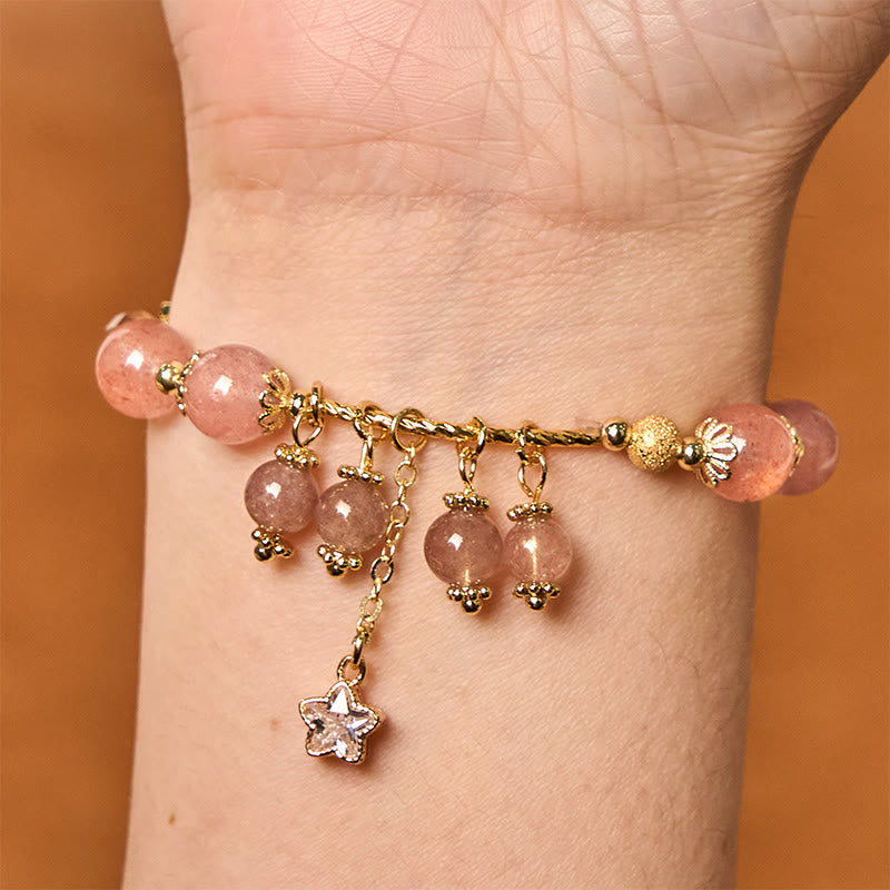 Foviel Natural Strawberry Quartz Four Leaf Clover Star Positive Bracelet