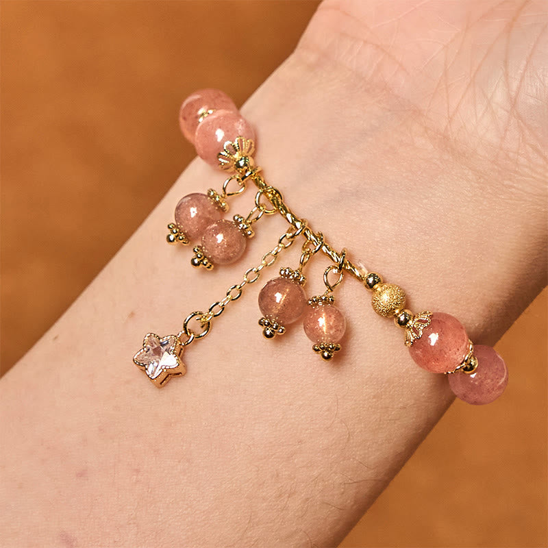 Foviel Natural Strawberry Quartz Four Leaf Clover Star Positive Bracelet