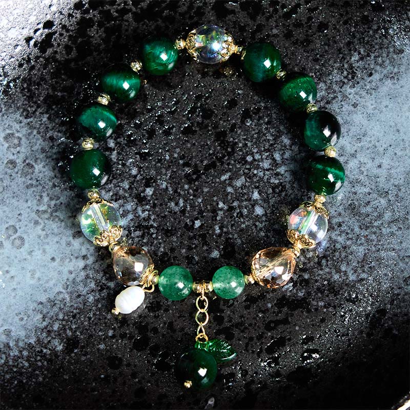 Foviel Natural Green Tiger Eye Beads Green Leaf Positive Bracelet