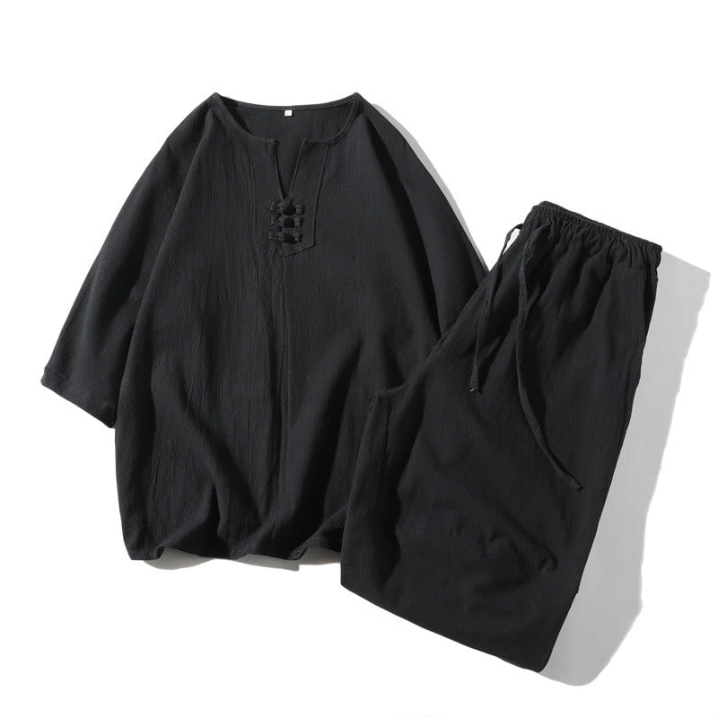 Buddha Stones 2Pcs Plain Notched Collar T-Shirt Wide Leg Shorts With Pockets Men's Meditation Cloth Set - Black - US/UK/AU46,EU56 (5XL) - image 18
