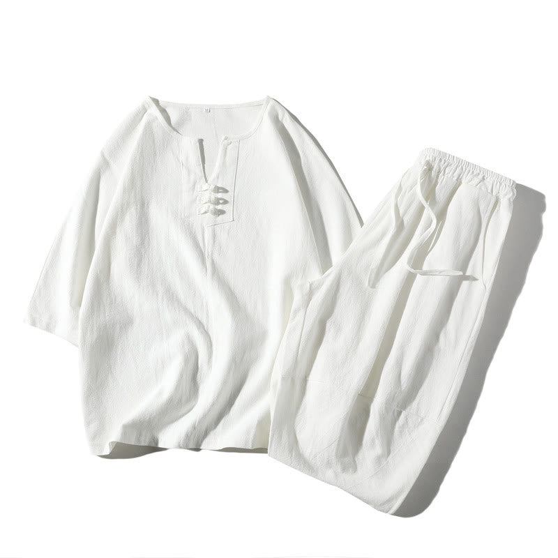 Buddha Stones 2Pcs Plain Notched Collar T-Shirt Wide Leg Shorts With Pockets Men's Meditation Cloth Set - White - US/UK/AU46,EU56 (5XL) - image 15