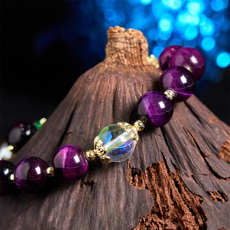 Buddha Stones Natural Red Tiger Eye Purple Tiger Eye Beads Green Leaf Protection Bracelet - image 10