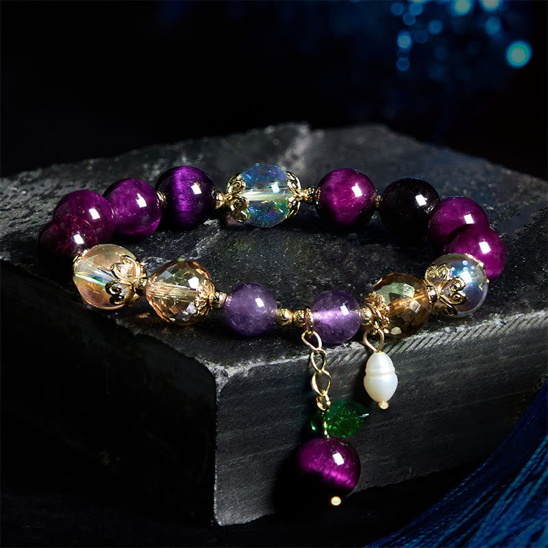 Buddha Stones Natural Red Tiger Eye Purple Tiger Eye Beads Green Leaf Protection Bracelet - Purple Tiger Eye(Wrist Circumference: 14-18cm) - image 8