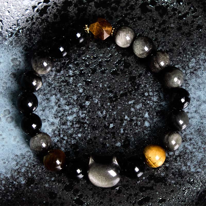 Bracelet apaisant Foviel en perles d'obsidienne argentée naturelle avec un adorable chat