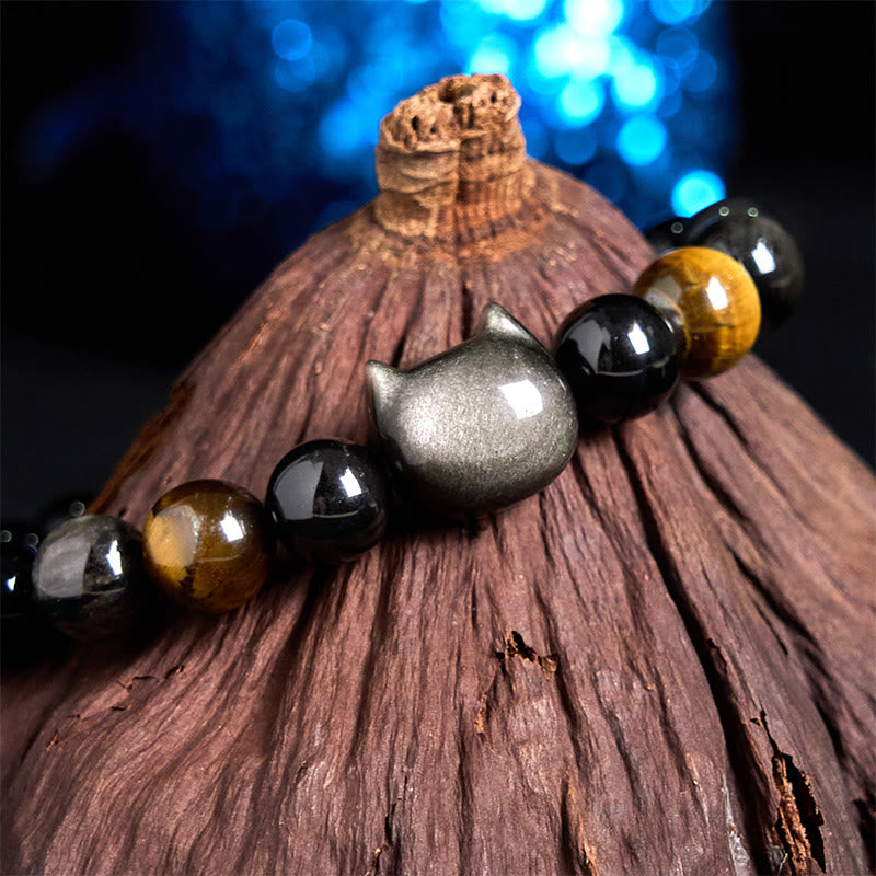 Bracelet apaisant Foviel en perles d'obsidienne argentée naturelle avec un adorable chat