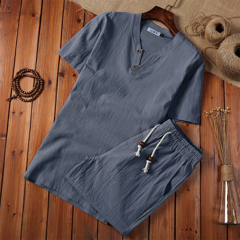 Foviel 2Pcs Plain Notched Collar Short Sleeve T-Shirt Shorts With Pockets Cotton Linen Men's Meditation Cloth Set