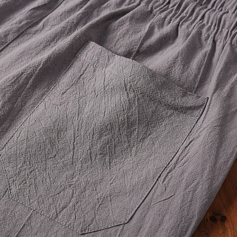 Foviel 2Pcs Plain Notched Collar Short Sleeve T-Shirt Shorts With Pockets Cotton Linen Men's Meditation Cloth Set