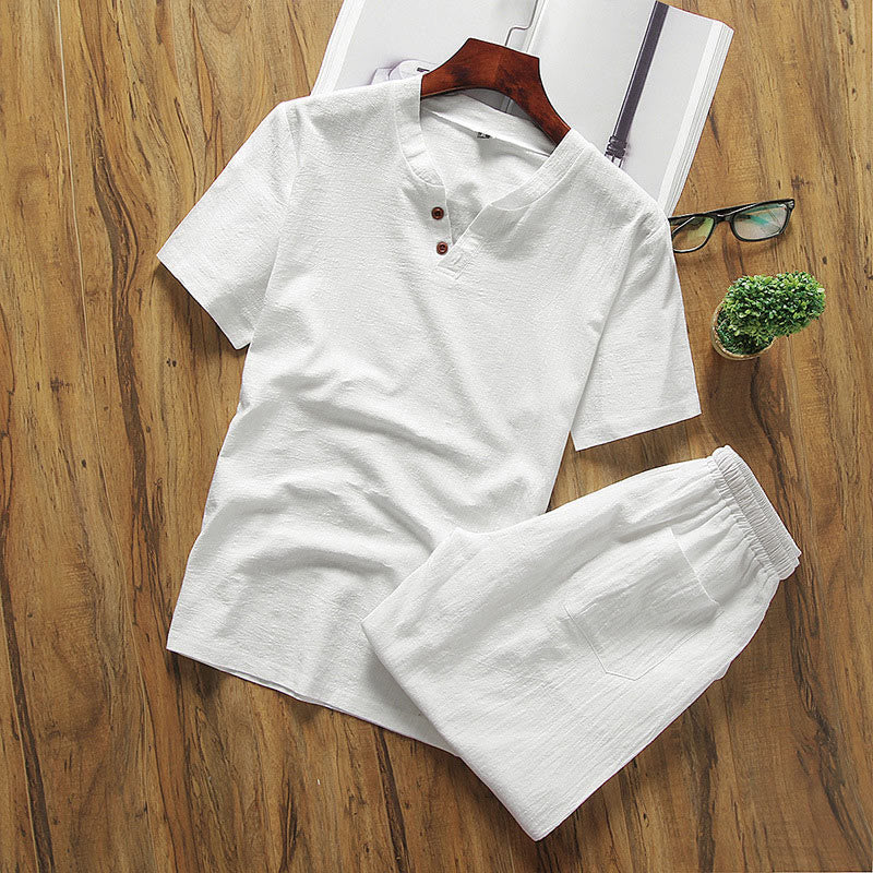 Buddha Stones Casual 2Pcs Plain Sleeve T-Shirt Shorts With Pockets Men's Meditation Cloth Set - White - US/UK/AU46,EU56 (5XL) - image 1