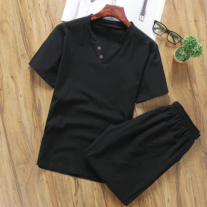 Buddha Stones Casual 2Pcs Plain Sleeve T-Shirt Shorts With Pockets Men's Meditation Cloth Set - Black - US/UK/AU46,EU56 (5XL) - image 6