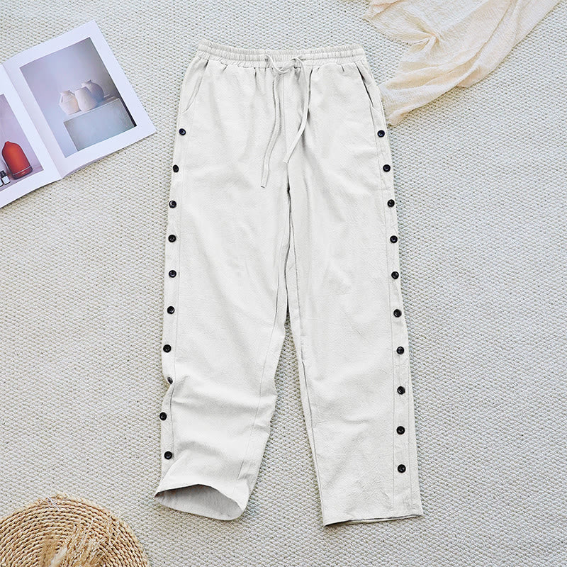 Buddha Stones Summer Plain Patchwork Design Drawstring Cotton Linen Women's Pants With Pockets - White - US12,UK/AU16,EU44 (2XL) - image 0