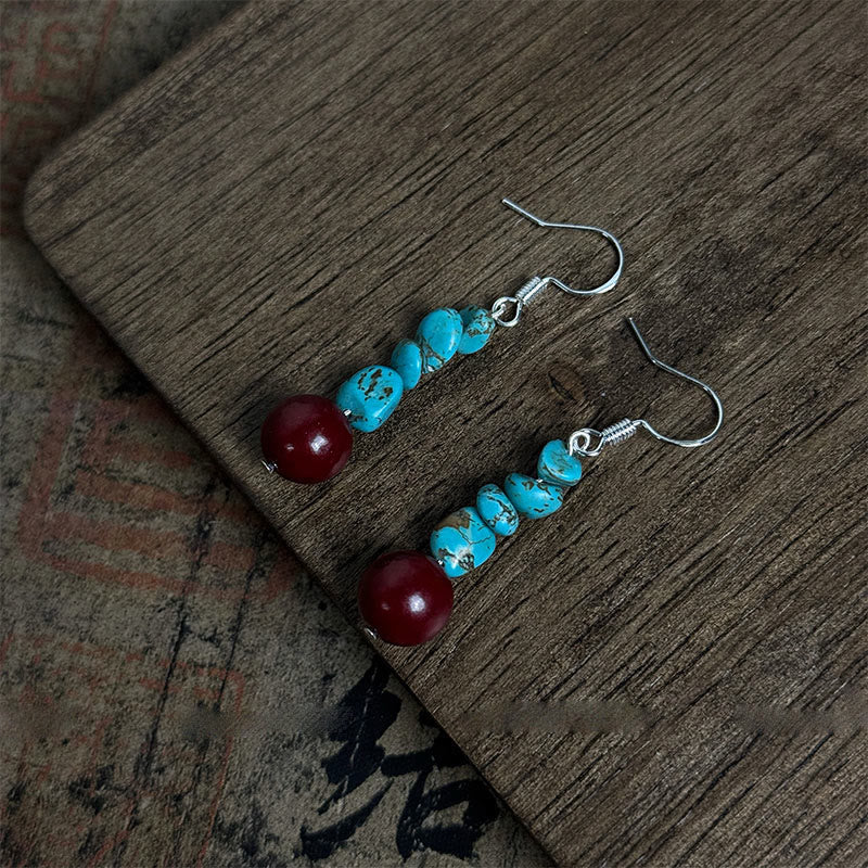 Boucles d'oreilles de protection Foviel tibétaines en argent sterling 925, perles de turquoise et de cinabre