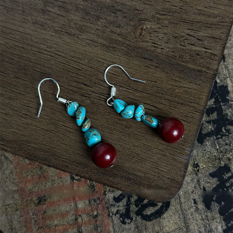 Boucles d'oreilles de protection Foviel tibétaines en argent sterling 925, perles de turquoise et de cinabre