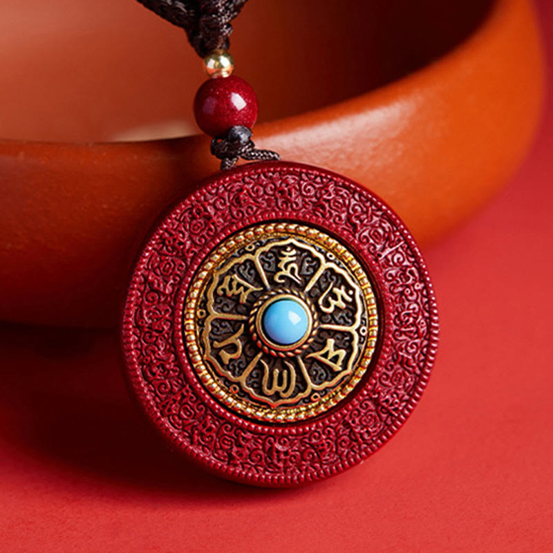 Buddha Stones Natural Cinnabar Om Mani Padme Hum Rotatable Scripture Yin Yang Pattern Blessing Necklace String Pendant - image 0