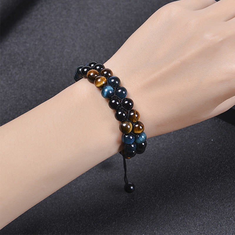 Foviel Natural Blue Tiger Eye Black Magnetite Om Pattern Double Row Beads Strength Bracelet