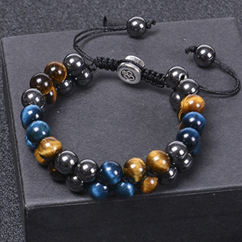 Foviel Natural Blue Tiger Eye Black Magnetite Om Pattern Double Row Beads Strength Bracelet