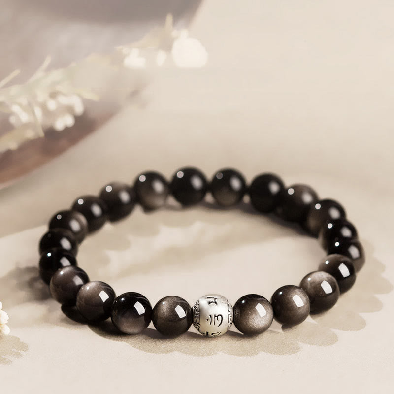 Foviel Natürliches Silber Sheen Obsidian Om Mani Padme Hum Schutz Armband