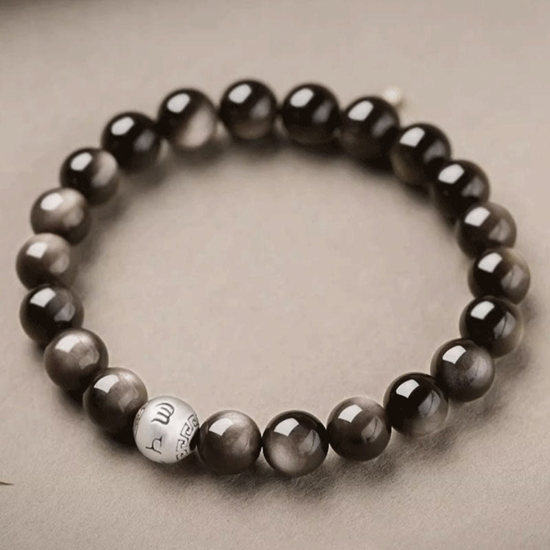 Foviel Natürliches Silber Sheen Obsidian Om Mani Padme Hum Schutz Armband
