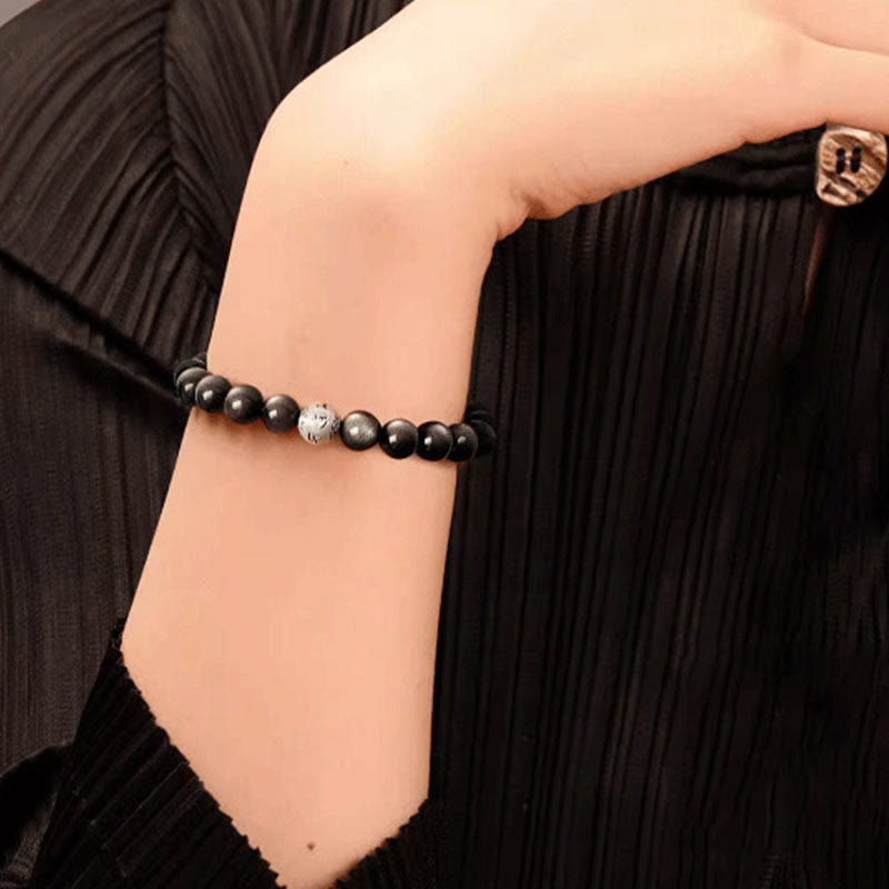 Foviel Natürliches Silber Sheen Obsidian Om Mani Padme Hum Schutz Armband