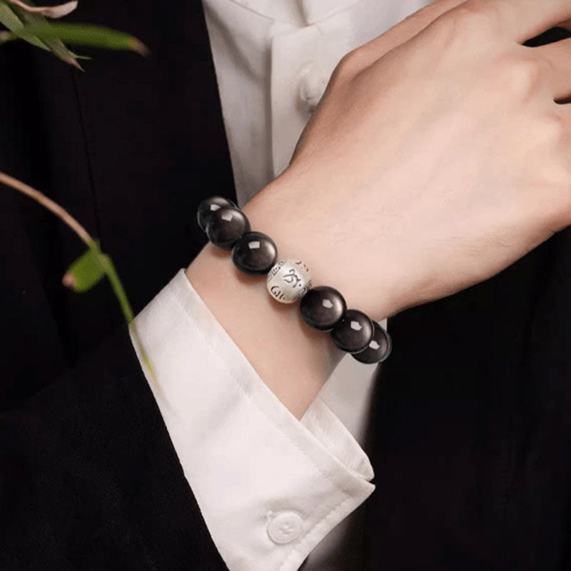 Foviel Natürliches Silber Sheen Obsidian Om Mani Padme Hum Schutz Armband