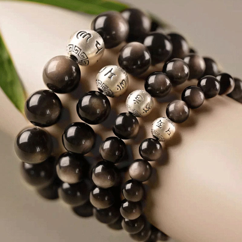 Foviel Natürliches Silber Sheen Obsidian Om Mani Padme Hum Schutz Armband