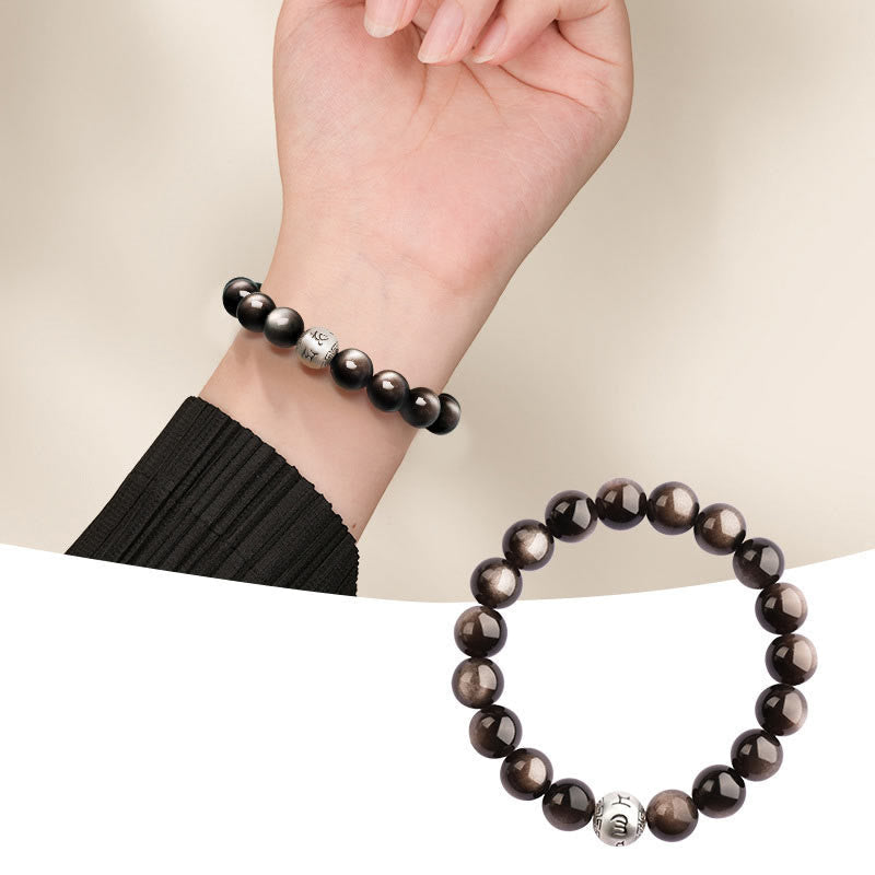 Foviel Natürliches Silber Sheen Obsidian Om Mani Padme Hum Schutz Armband