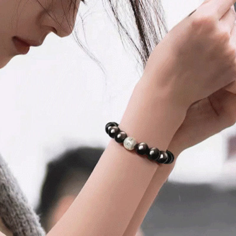 Foviel Natürliches Silber Sheen Obsidian Om Mani Padme Hum Schutz Armband