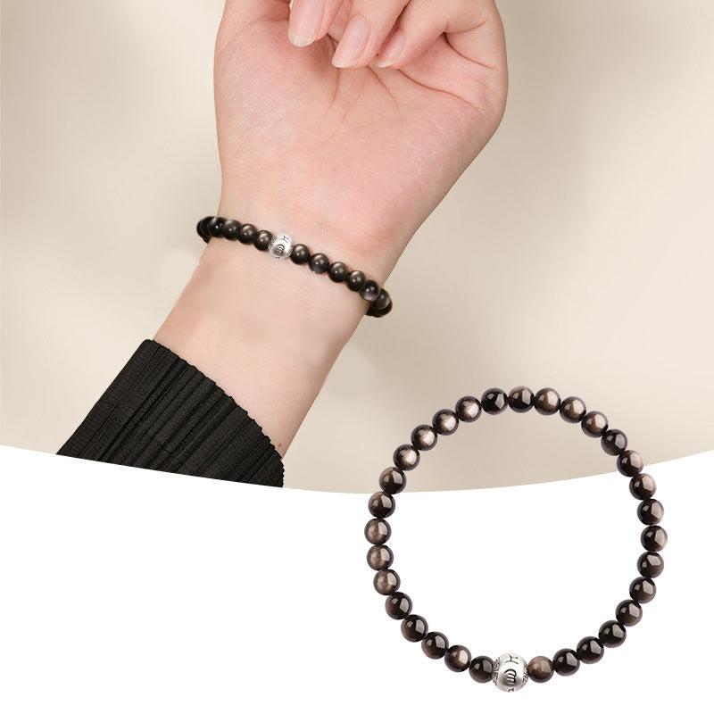 Foviel Natürliches Silber Sheen Obsidian Om Mani Padme Hum Schutz Armband