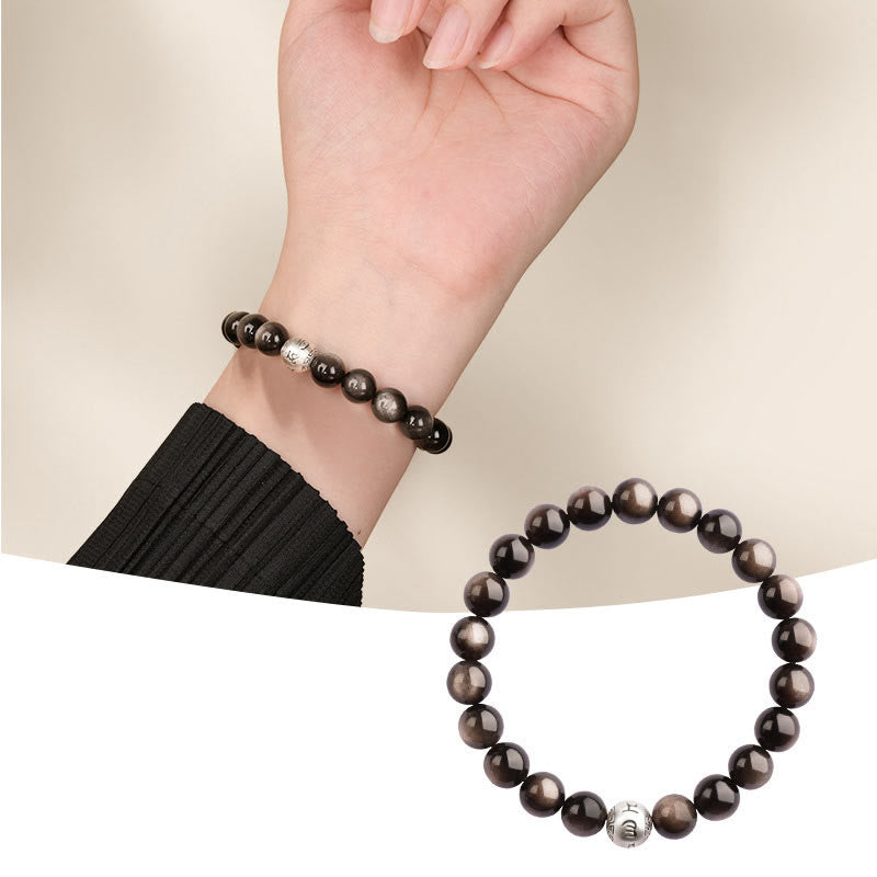 Foviel Natürliches Silber Sheen Obsidian Om Mani Padme Hum Schutz Armband