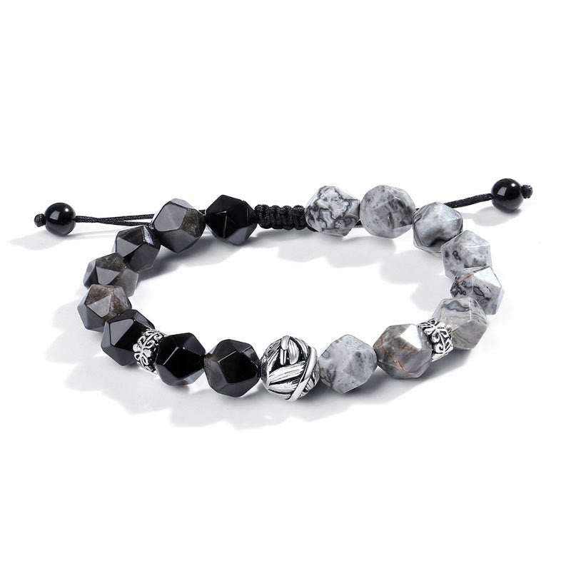 Foviel Natural Irregular Cut Obsidian Grey Jasper 925 Sterling Silver Rolled Leaf Bead Protection Bracelet