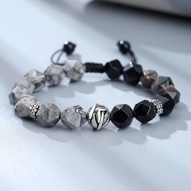 Foviel Natürlich Irregulärer Schliff Obsidian Grau Jasper 925 Sterling Silber gerollt Blatt Perlenschutz Armband