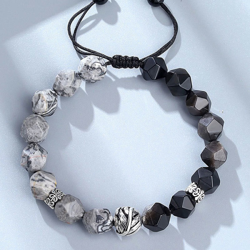 Foviel Natürlich Irregulärer Schliff Obsidian Grau Jasper 925 Sterling Silber gerollt Blatt Perlenschutz Armband