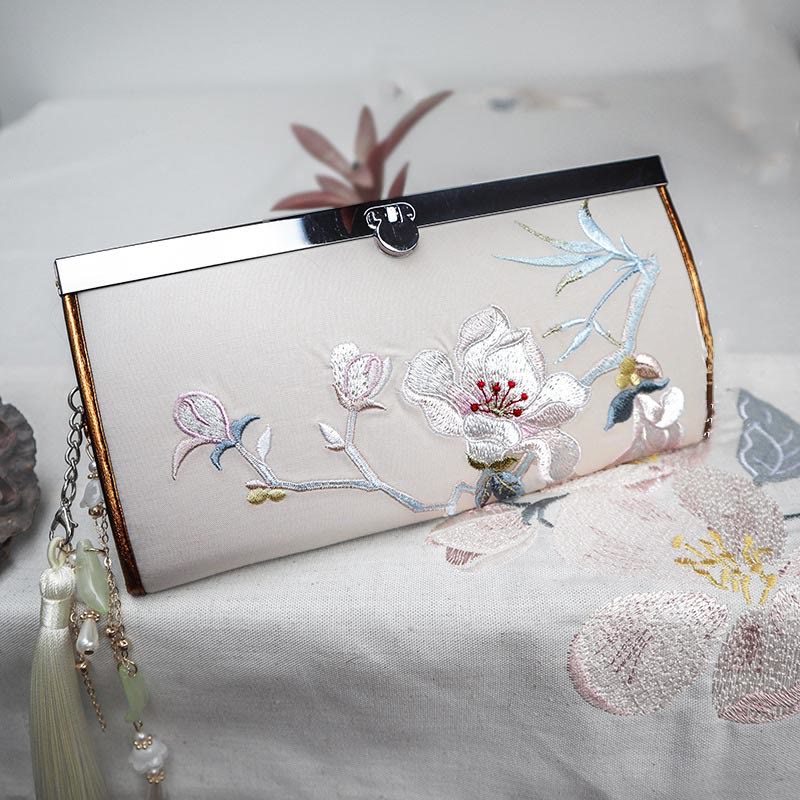 Porte-monnaie Foviel à grande capacité avec broderie double face fleur de magnolia