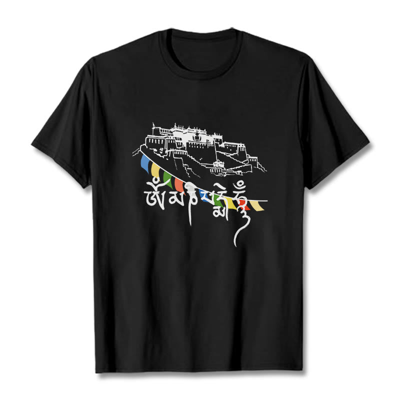 T-shirt en coton Foviel, motif Palais du Potala et mantras Om Mani Padme Hum