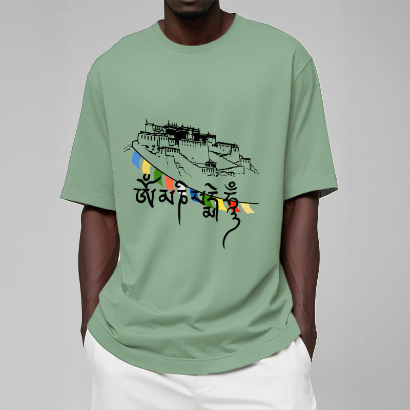 T-shirt en coton Foviel, motif Palais du Potala et mantras Om Mani Padme Hum