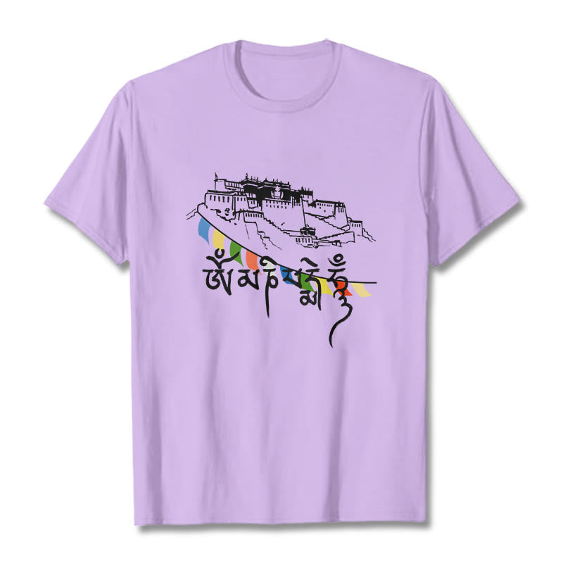 T-shirt en coton Foviel, motif Palais du Potala et mantras Om Mani Padme Hum