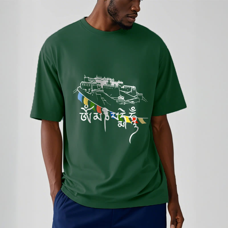 T-shirt en coton Foviel, motif Palais du Potala et mantras Om Mani Padme Hum