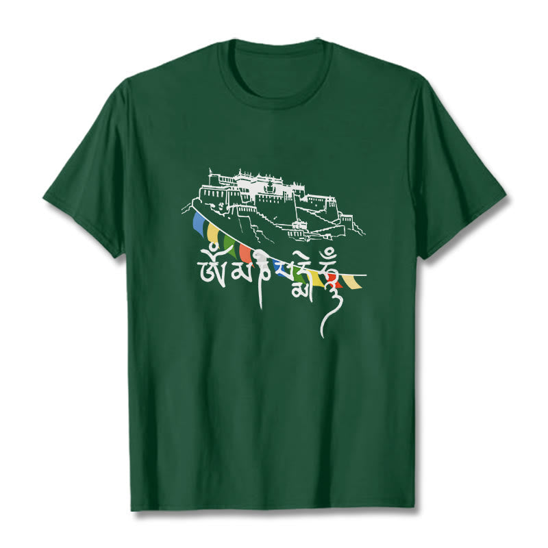 T-shirt en coton Foviel, motif Palais du Potala et mantras Om Mani Padme Hum