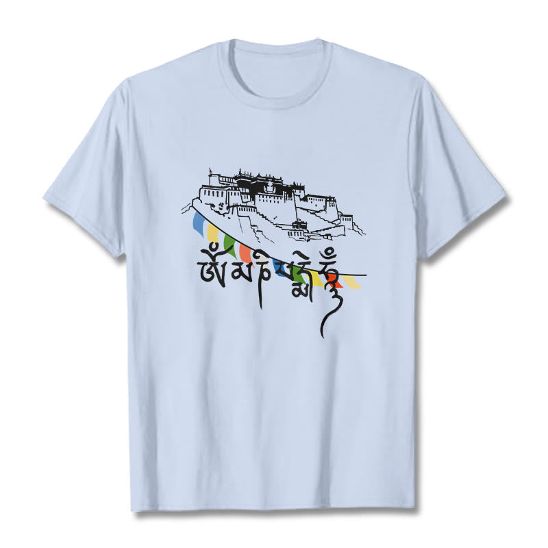 T-shirt en coton Foviel, motif Palais du Potala et mantras Om Mani Padme Hum