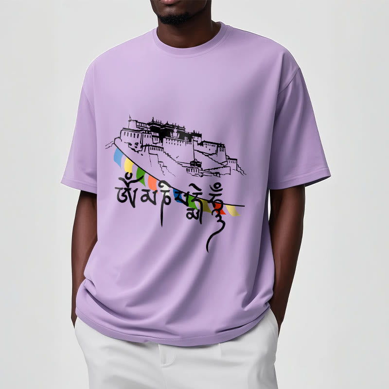 T-shirt en coton Foviel, motif Palais du Potala et mantras Om Mani Padme Hum