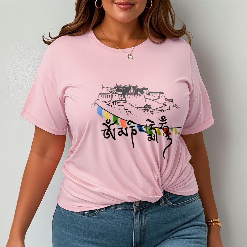 T-shirt en coton Foviel, motif Palais du Potala et mantras Om Mani Padme Hum
