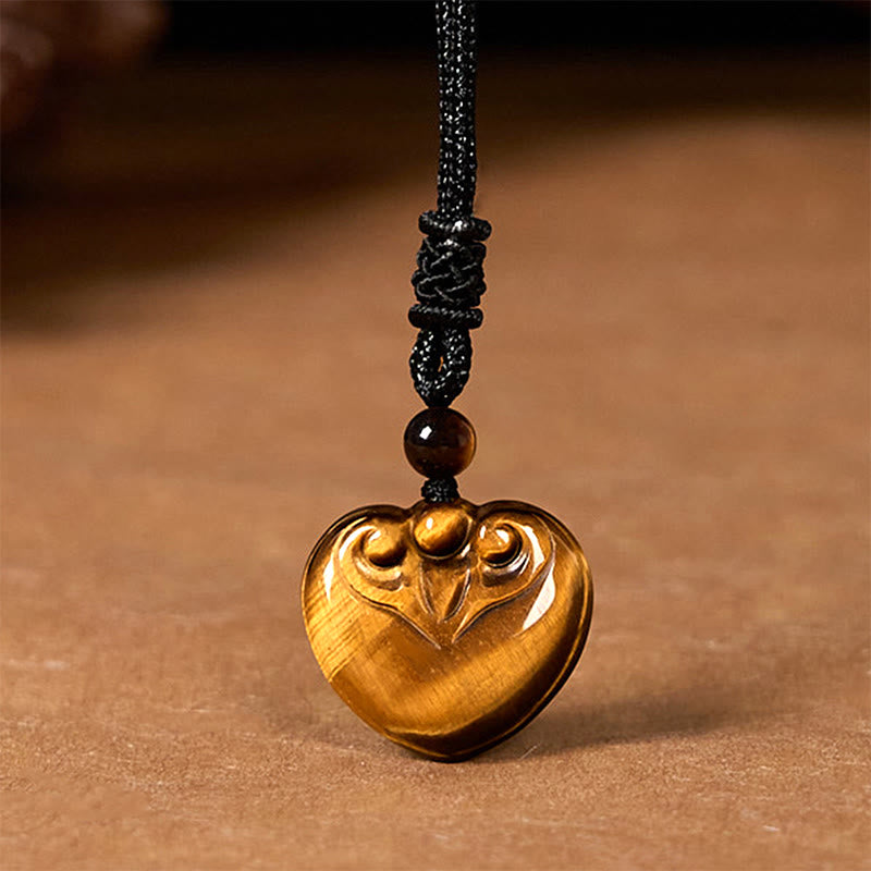 Foviel Natural Tiger Eye Love Heart Pattern Protection Rope Necklace Pendant