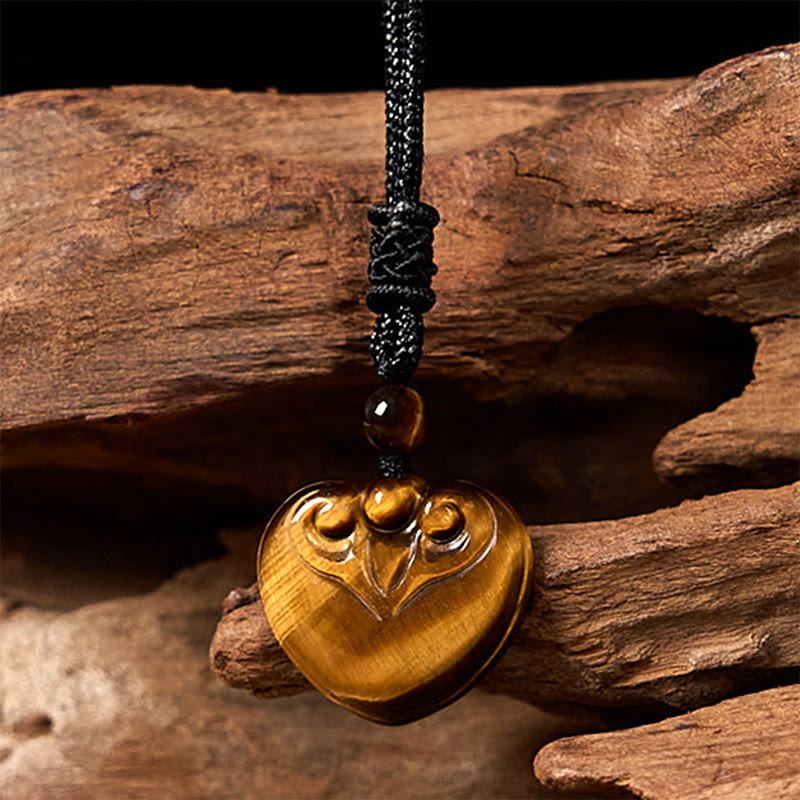 Foviel Natural Tiger Eye Love Heart Pattern Protection Rope Necklace Pendant