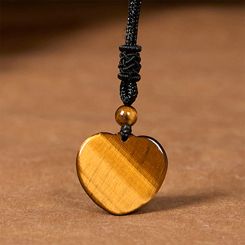Foviel Natural Tiger Eye Love Heart Pattern Protection Rope Necklace Pendant