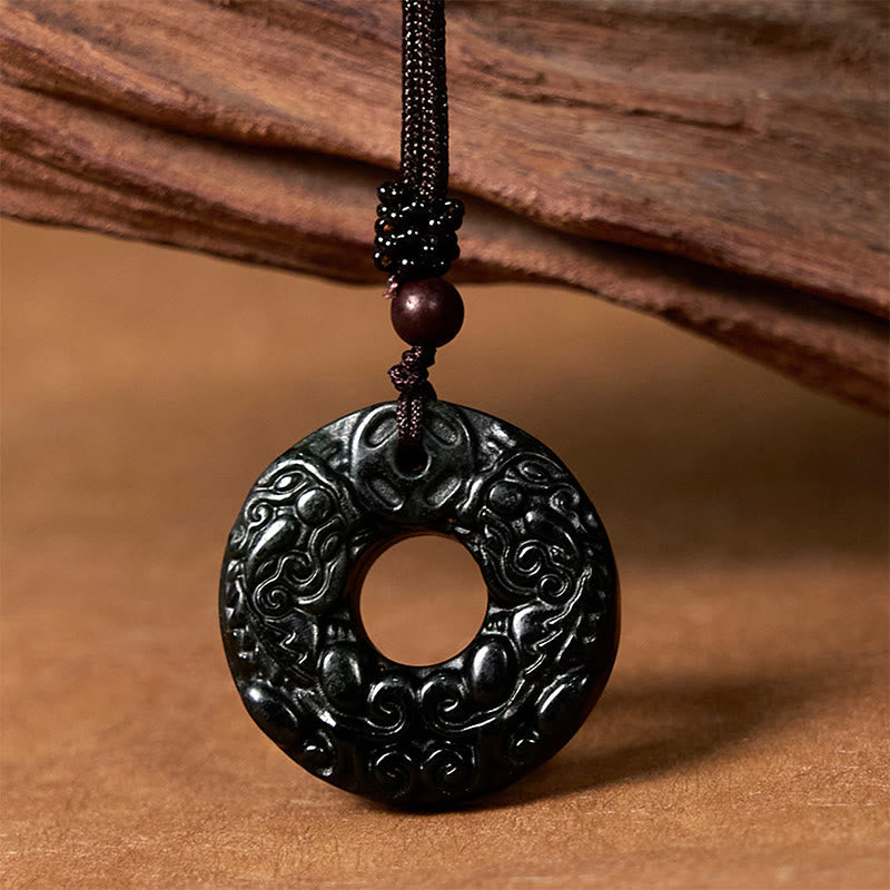 Foviel Tibetan Nanyang Black-Green Jade PiXiu Peace Buckle Protection Necklace Pendant