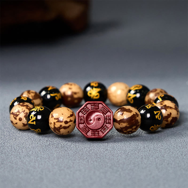Foviel Bodhi Seed Om Mani Padme Hum Bagua Yin Yang Cinnabar Carved Calm Bracelet