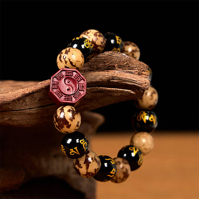 Foviel Bodhi Seed Om Mani Padme Hum Bagua Yin Yang Cinnabar Carved Calm Bracelet