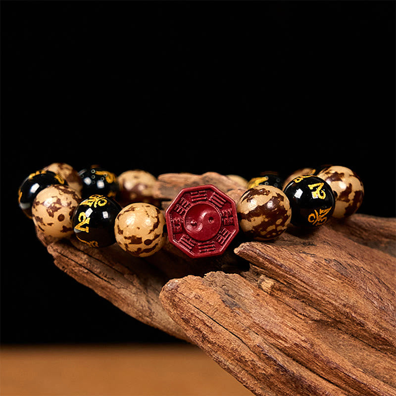 Foviel Bodhi Seed Om Mani Padme Hum Bagua Yin Yang Cinnabar Carved Calm Bracelet